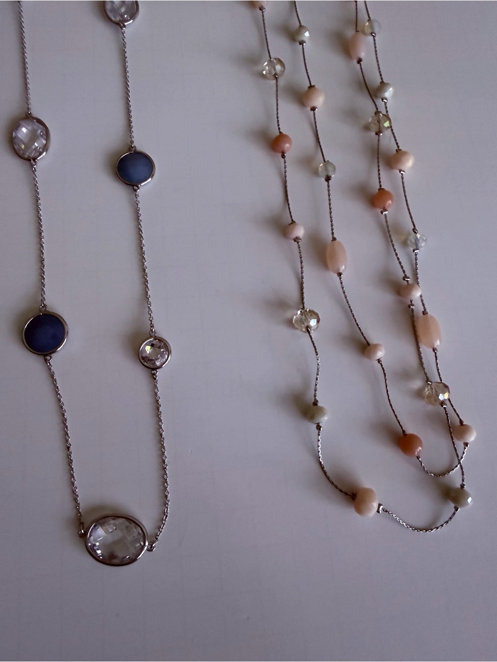 Lot of 2 Long Beaded Necklaces - Blue and Clear and Cream Stones Silvertone 34” - Picture 2 of 4